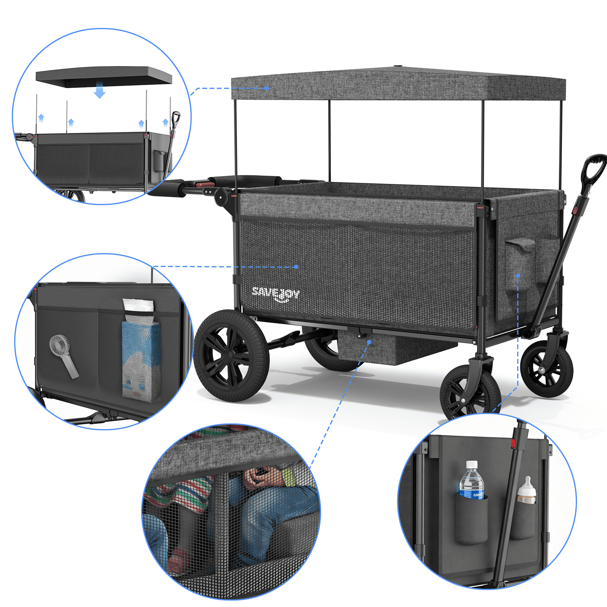SaveJoy Wagon Stroller, Collapsible Stroller Wagon for 4 Passenger with Adjustable Canopy & 5-Point Harness, Grey