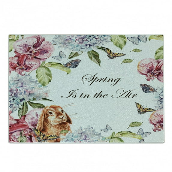 Spring Cutting Board, Hyacintha Flowers Rabbits Orchid Butterfly Leaves Botany Bouquet Watercolor Art, Decorative Tempered Glass Cutting and Serving Board, Small Size, Multicolor, by Ambesonne
