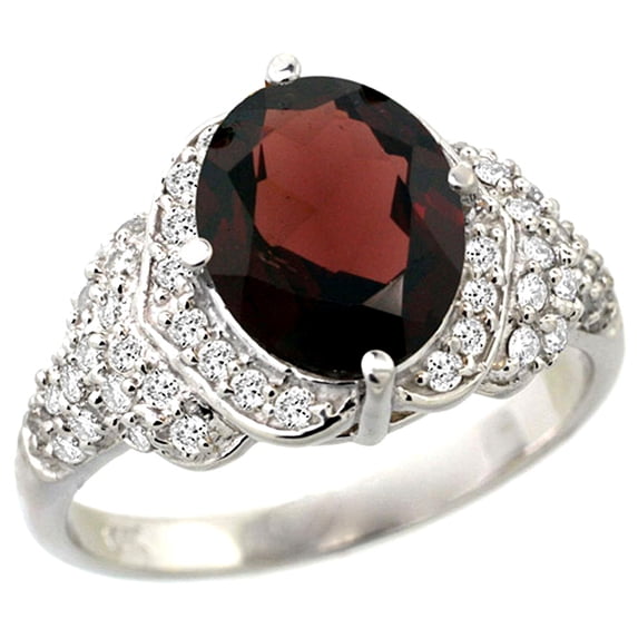 14k White Gold Natural Garnet Ring Diamond Halo Oval 10x8mm, 1/2 inch wide, size 5