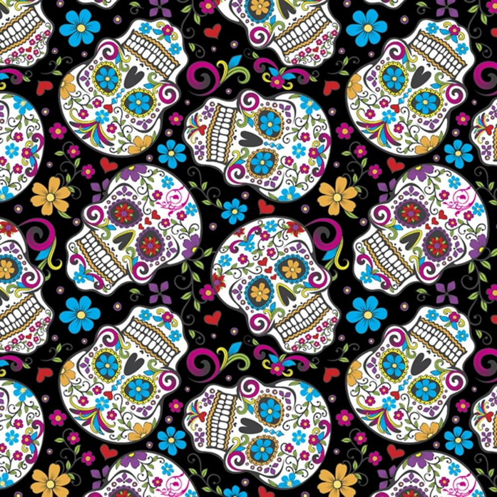 David Textiles Day of The Dead Sugar Skulls Folkloric Black 100 Cotton