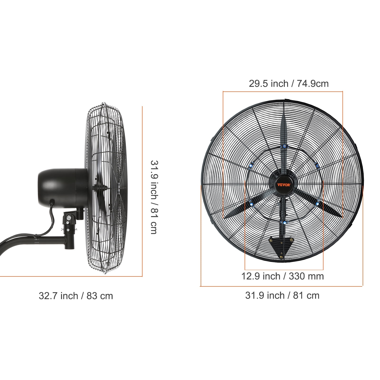 VEVOR Wall-Mount Misting Fan Oscillating Metal Fan 29.5'' 3 Speed Waterproof