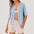 thumbnail image 3 of Lixiuxyad ‌Women's Crew Neck Ribbed Knit Cardigan Short Sleeve Open-Front Button-Up Cardigan,Blue, 3 of 6