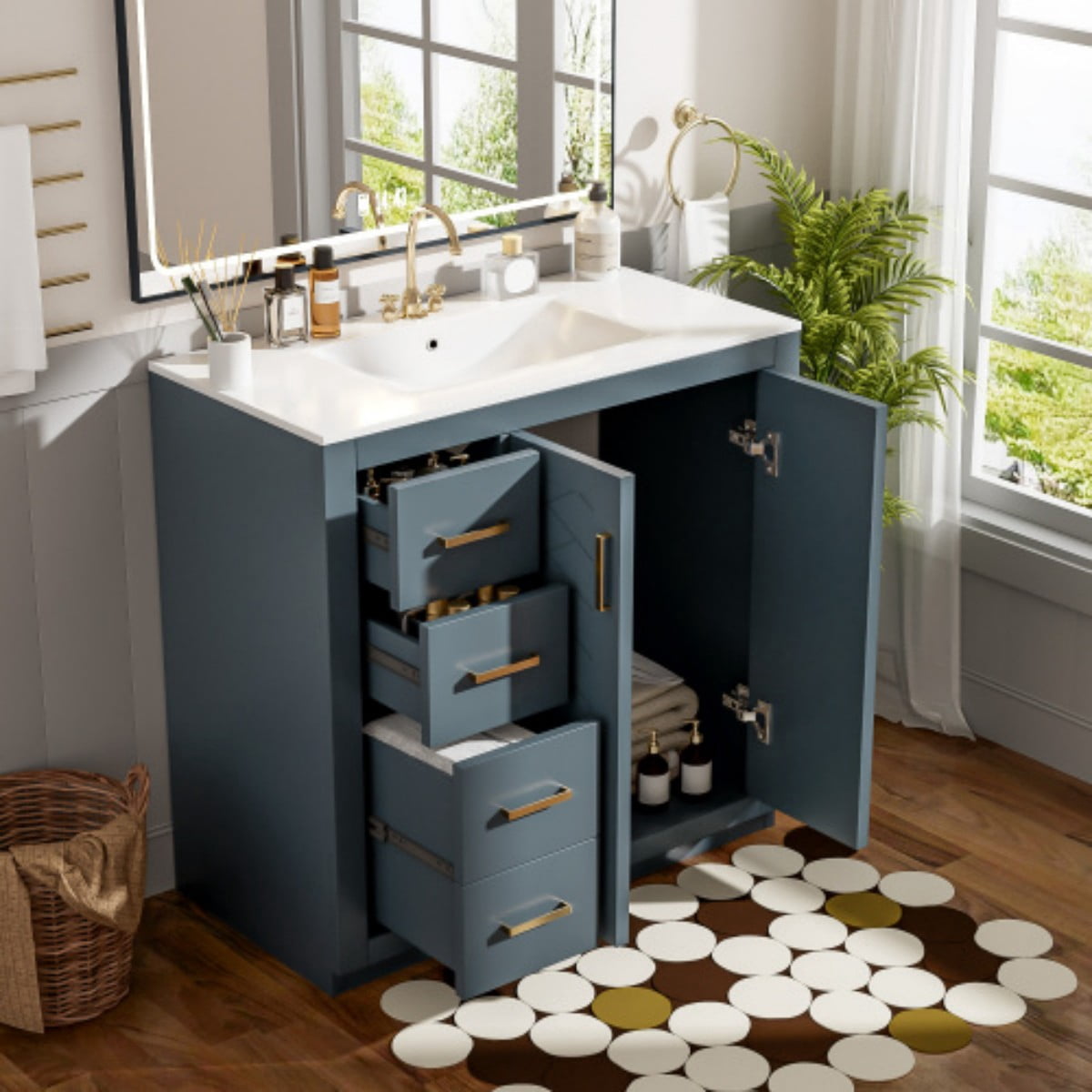 36" Bathroom Vanity with Sink, Freestanding Bathroom Vanity Cabinet with Ceramic Sink, Solid Wood Frame, 3 Drawers & Soft Close Doors, Modern Storage Cabinet, Blue