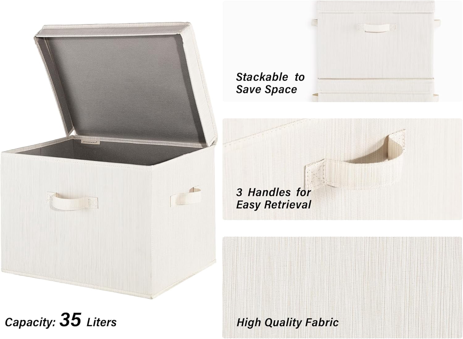 StorageWorks Fabric Storage Bins with Lid, Stackable Closet Organizer Basket with Handles, Jumbo, 2-Pack, Beige, White & Ivory