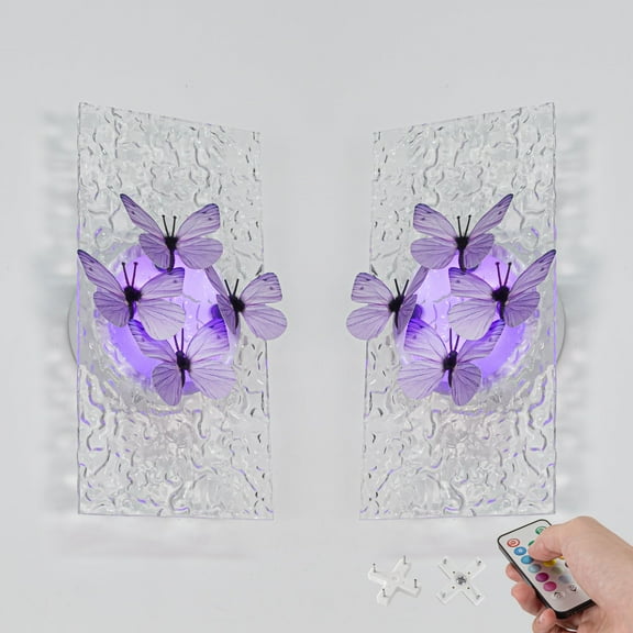 Kiven Battery Operated Wall Sconce with Remote Control,Acrylic Wireless Wall Sconces Indoor,Set of 2 Dimmable Wall Light for Hallway Bedroom Home Decor,3D Butterfly Wall Decor(No.2)