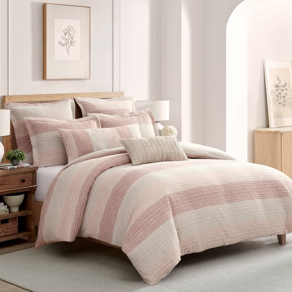 Levtex Home Sand Stripes BlushKing / Cal King Comforter Set (106x94in) with 2 Pillowcases (36x20in) - Woven Jacquard Stripe - Pink, Dusty Rose, Cream, White - Cotton King Size Comforter Set - Soft
