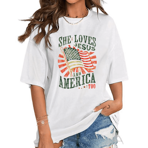 Jesus & America Shirts "SHE LOVES JESUS & AMERICA" Print T-shirts Christian Patriotic Graphic Tees Short Sleeve Faith Tops White,S