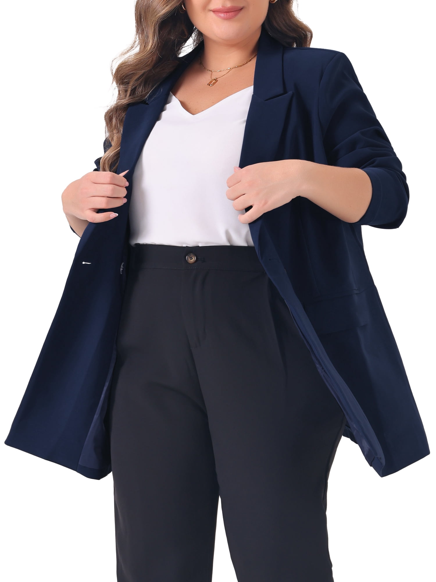 DARING DIVA Women's Plus Lapel Button with Pocket Jackets Long Blazer 5X Navy Blue