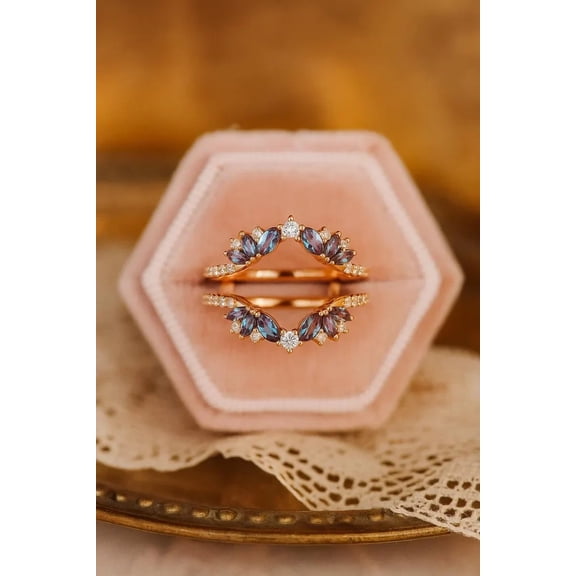 Art Deco Alexandrite Enhancer Ring 2Ct Marquise Cut Lab Created Diamond 14K Yellow Gold Plated Silver