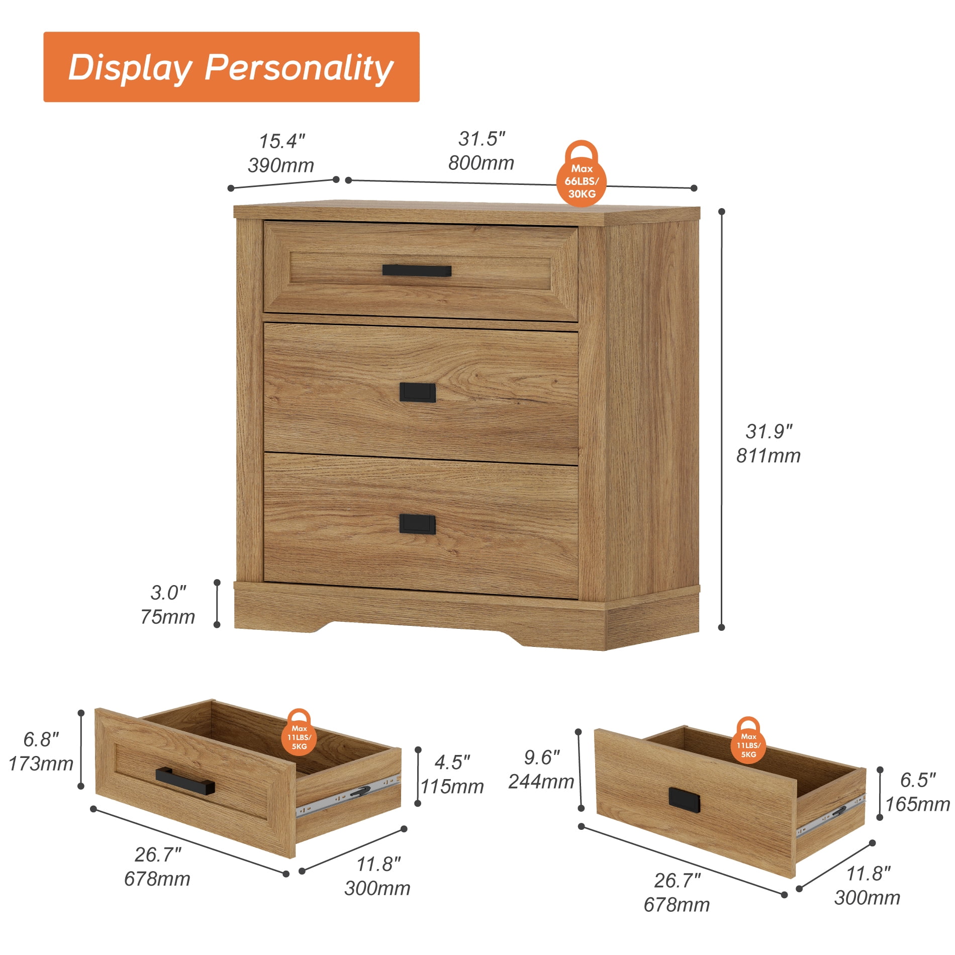 WAMPAT 31.5 inch Wide Large Nightstand for Bedroom, 32" Tall Oversized Modern Farmhouse Bedside Table with Large Drawers,31.5" W x 15.4" D x 32" H,Vintage Oak