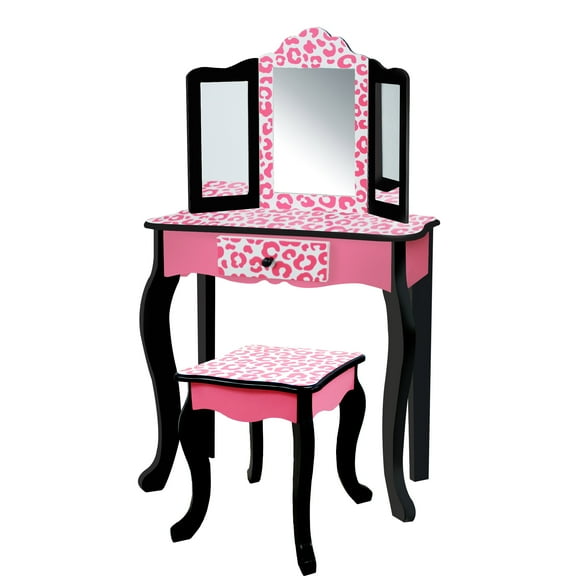 Teamson Kids Coiffeuse Ensemble Table en Bois avec Miroir et Tabouret Noir Rose