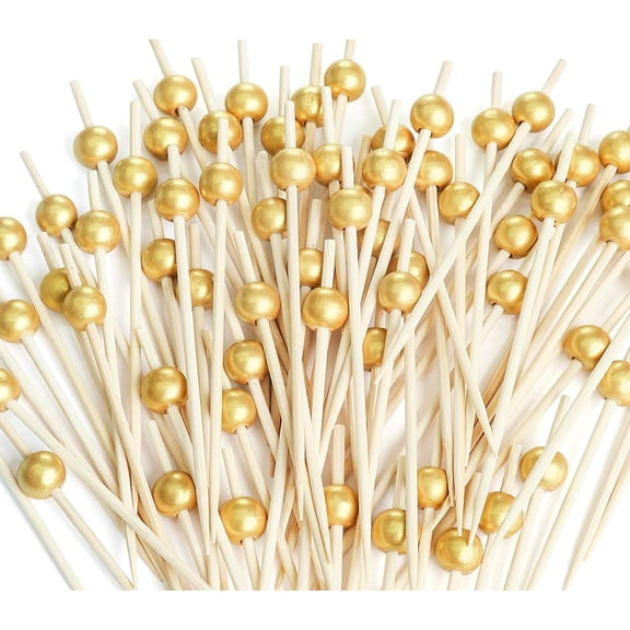200PCS Cocktail Picks, Fancy Toothpicks for Appetizers, Decorative Bamboo Skewers for Appetizers Drinks Fruit, 4.7 Inch Long Wooden Gold Pearl Food Sticks Charcuterie
