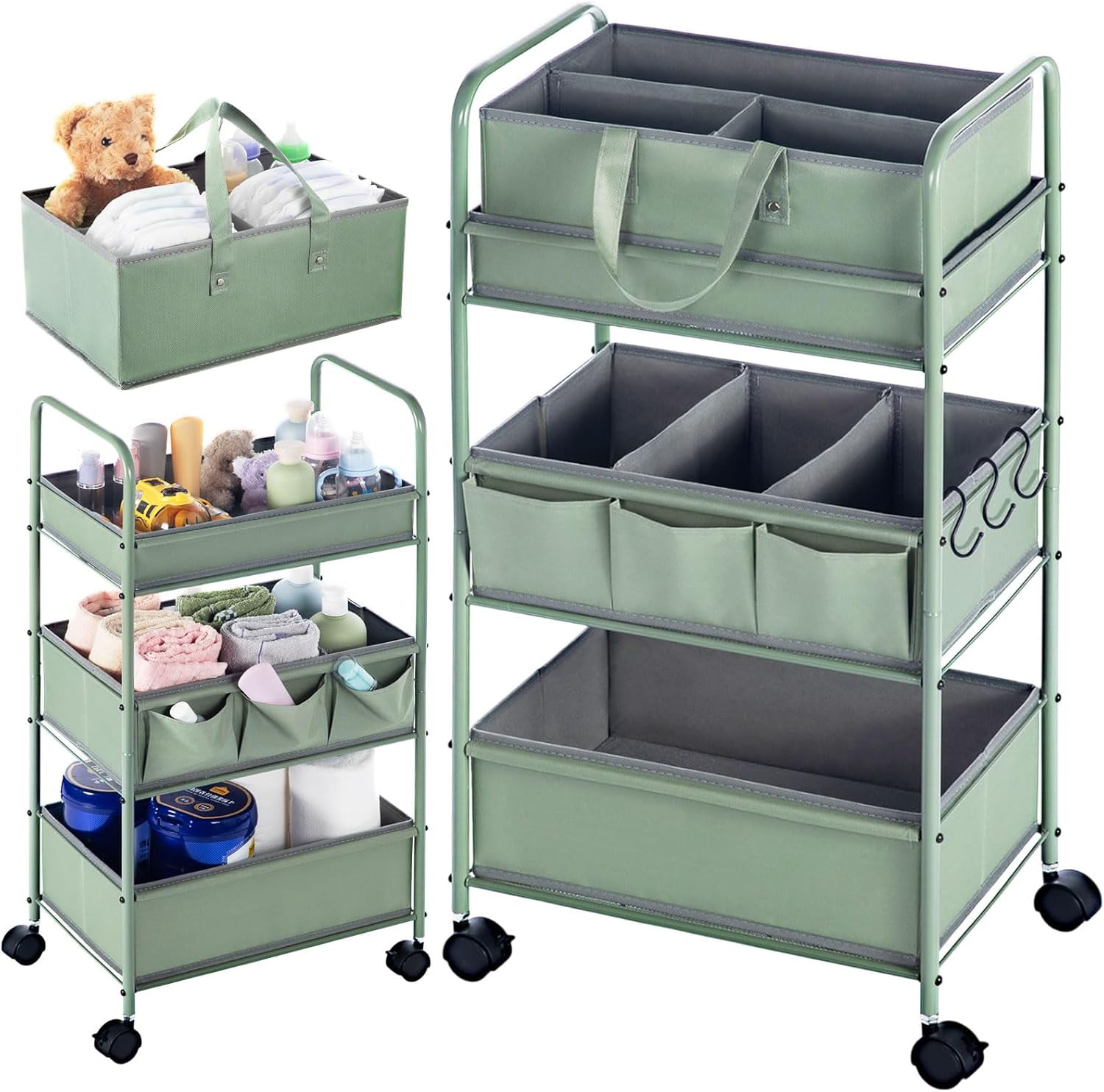 2in1 Baby Diaper Caddy Organizer Cart 3 Tier Large Capacity Metal Utility Bedside Rolling Cart with Divider Newborn Registry Nursery Essential Must Have Crib Bedroom Baby Shower(Colorful)