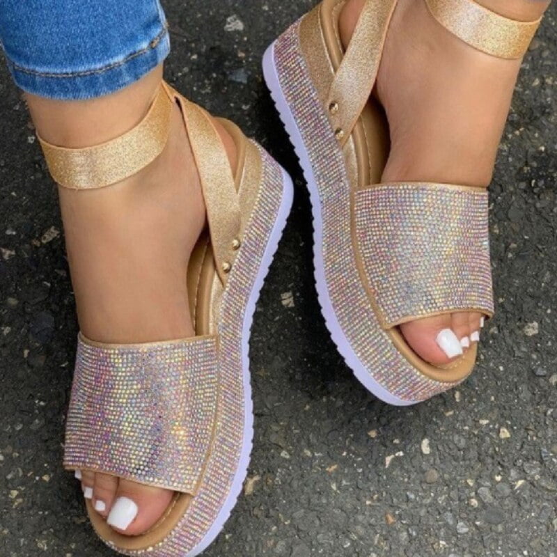 New Fashion Rhinestones Wedge Sandals Women Summer 2022 High Heels Platform  Shoes Woman Thick Sole Black White Chunky Sandals - Walmart.com