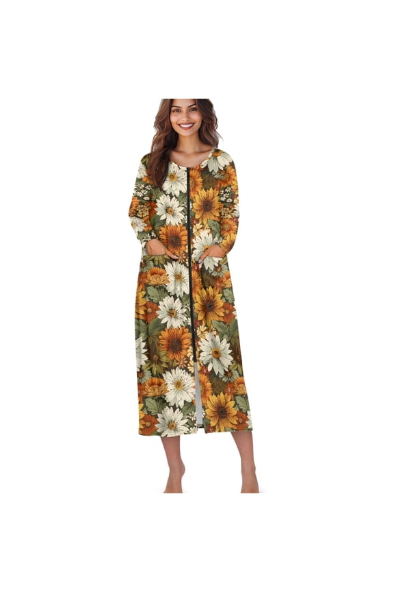 Sunflower Daisy Print Womens Zipper Front Long Sleeves Robe Loungewear Full Length Sleepwear with Pockets Lightweight Bathrobe House Coat Nightgown, 4XL