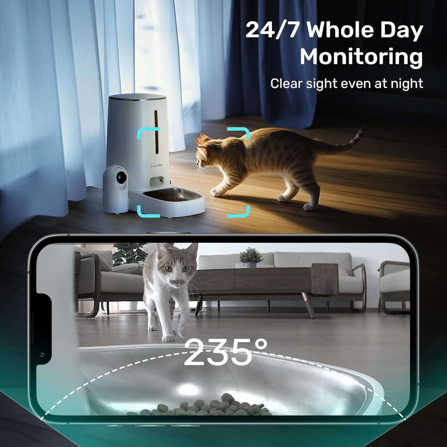 Automatic Cat Feeder with Rotating Camera, 1080P HD Video Night Vision, 5G WiFi APP Control, 2-Way Audio, Low Food Alerts