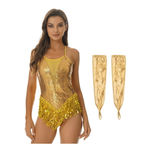 iiniim Womens Latin Dance Sparkly Sequins Leotard with Fringe Modern Jazz Dancewear Gold L