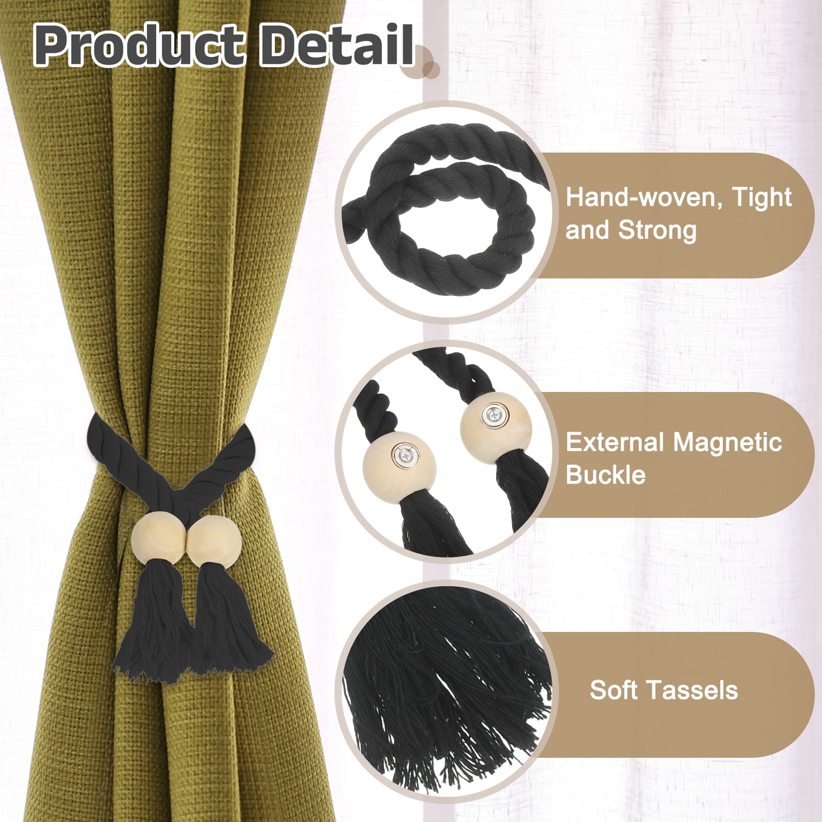 Unique Bargains Magnetic Curtain Tiebacks with Wooden Ball Hand-woven Holdbacks 4Pcs Black