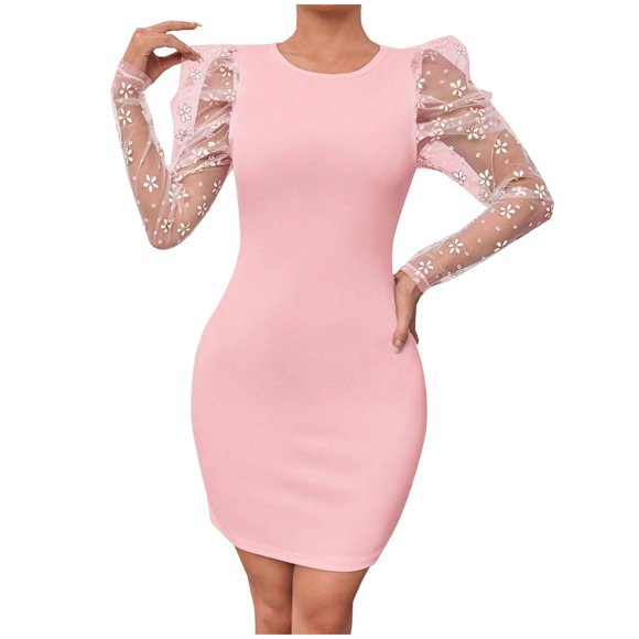 Daiosportswear Women'S Ribbed Bodycon Dress Lace Long Sleeve Slim Fit Midi Dress Turtle Neck Night Club Party Dresses,Dresses for Women Pink 6(M)