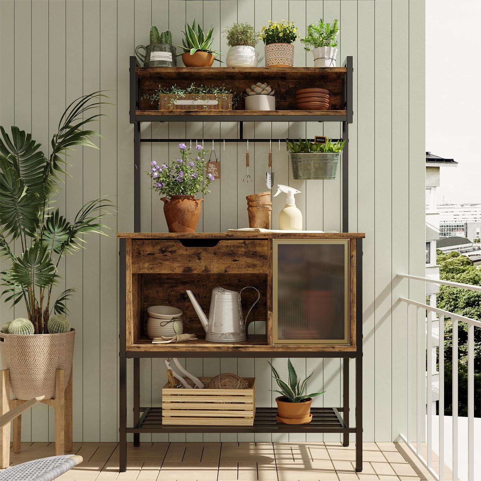 Besiter 60" Kitchen Baker's Rack with LED Light 6-Tier Microwave Stand with Storage Drawer Cabinet & 8 Hooks, Rustic