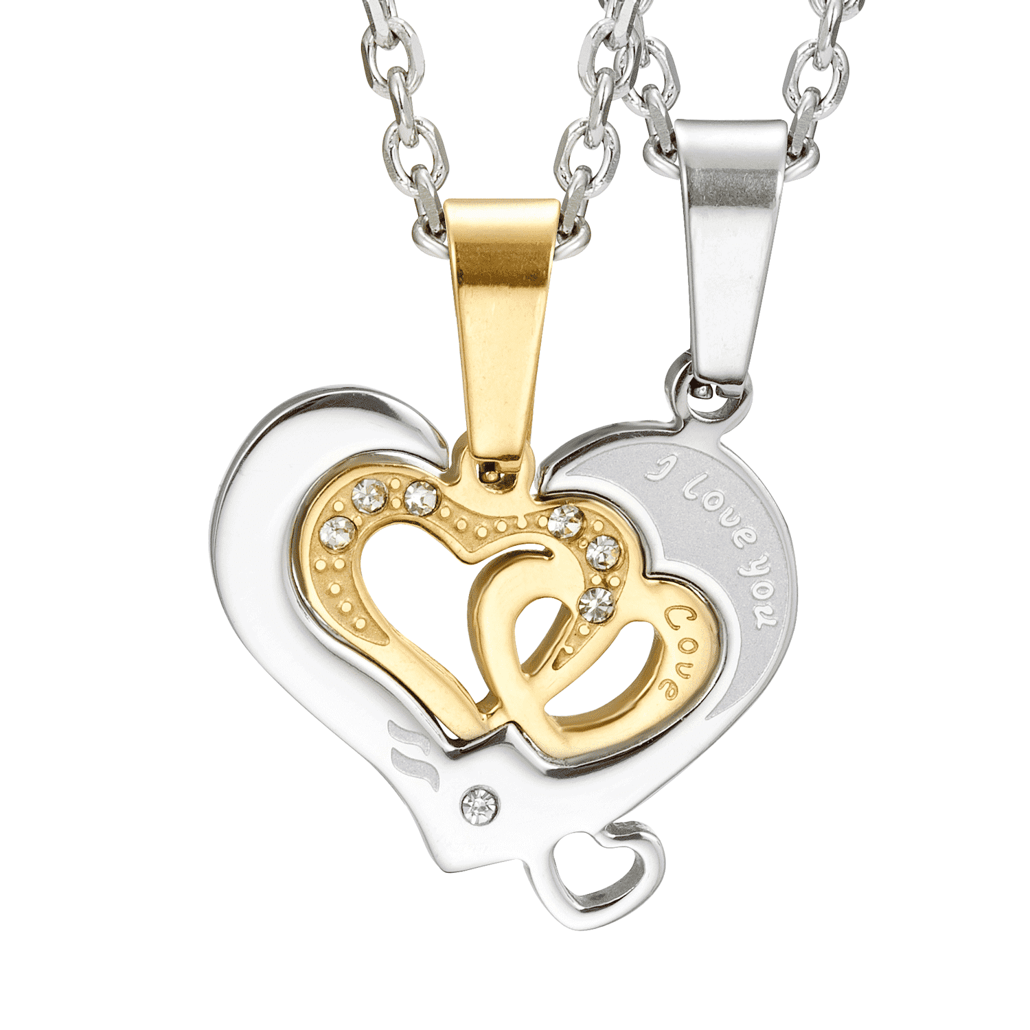 VA I Love You Matching Heart His&Hers Couple Pendant Stainless Steel Necklace Rosegold