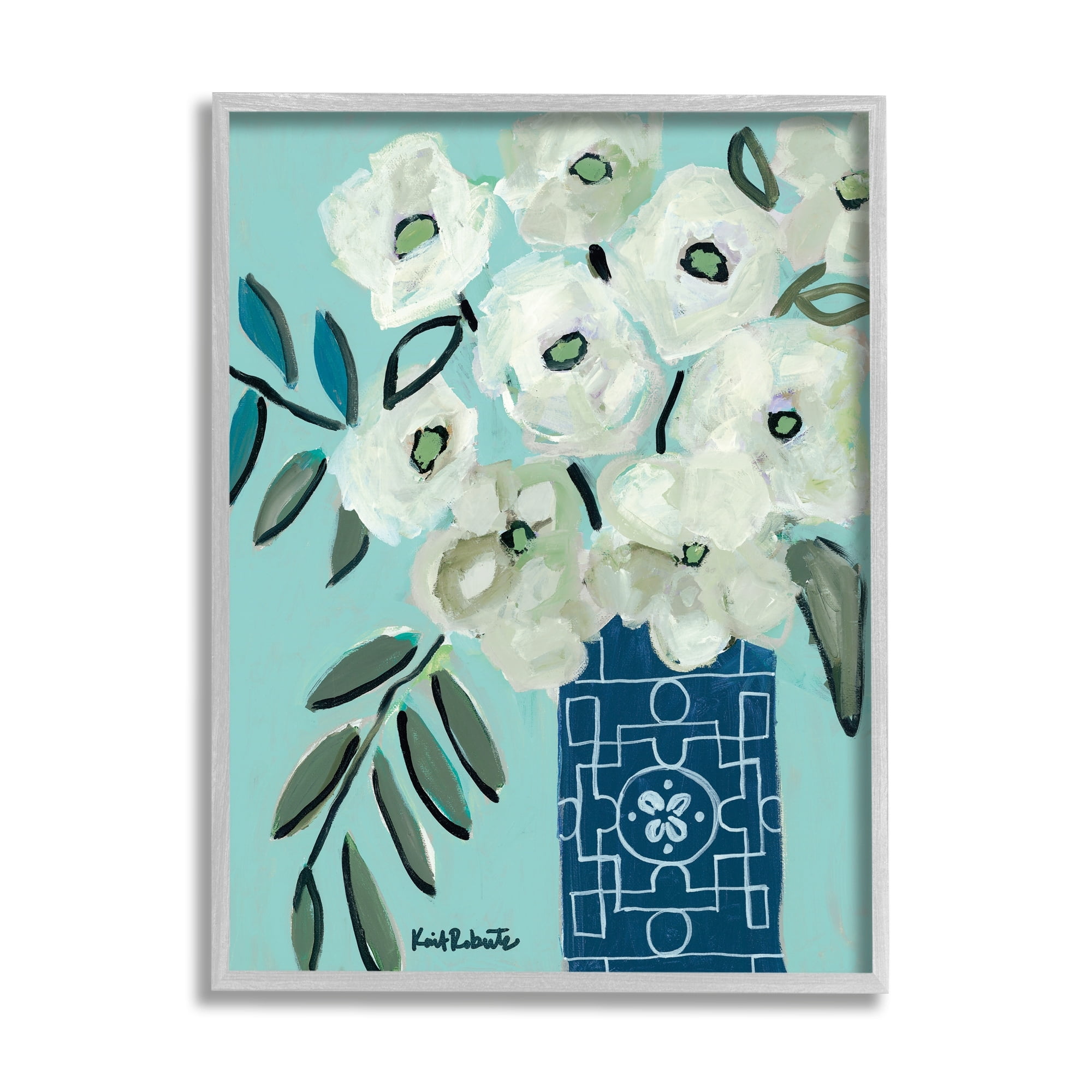 Stupell Industries Abstract Round Floral Blossoms White Poppies Geometric Vase,11 x 14, Design by Kait Roberts