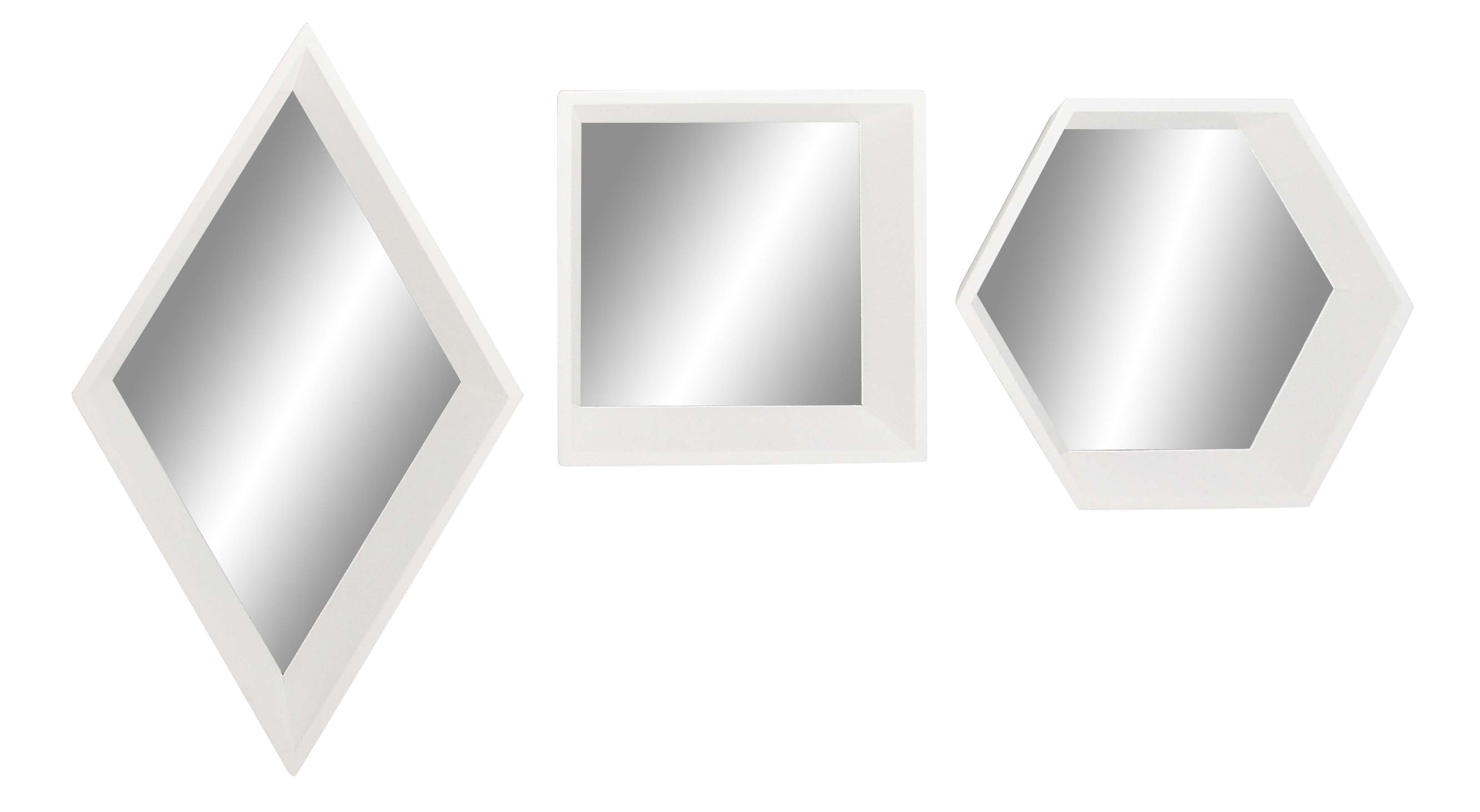 Decmode Modern Wood White Geometric Wall Mirrors, White Set of 3