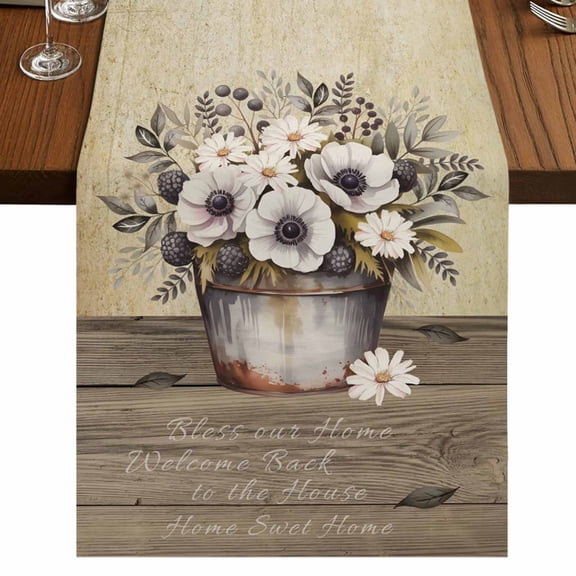 Table Runners 60 Inches Long Dress Scarves, Farmhouse Flowers Farmhouse Kitchen Table Runner, Small Coffee Tablerunners, Retro Floral Leaves Country Wood Board 13x60 Inch