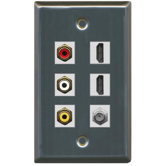 RiteAV - 3 x RCA - 2 X HDMI and 1 x Coax Cable TV Port Wall Plate - Stainless Steel