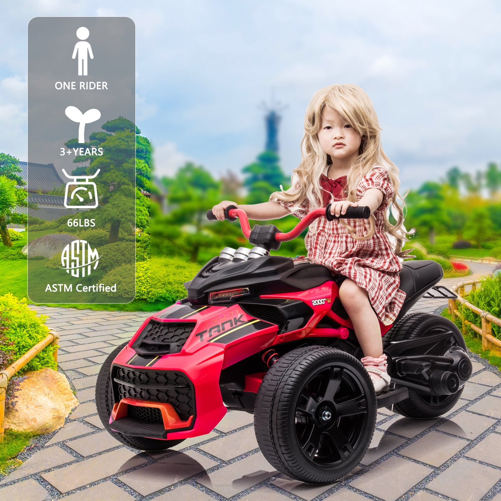 LUIBAS 24V Kids ATV Ride On Motorcycle Electric 3 Wheeler Ride-On Electric ATV Kids Ride On Toys for Kids with Battery Powered Motor, EVA Wheels, w/LED Lights, Bluetooth, MP3 for 3+ Years, Red