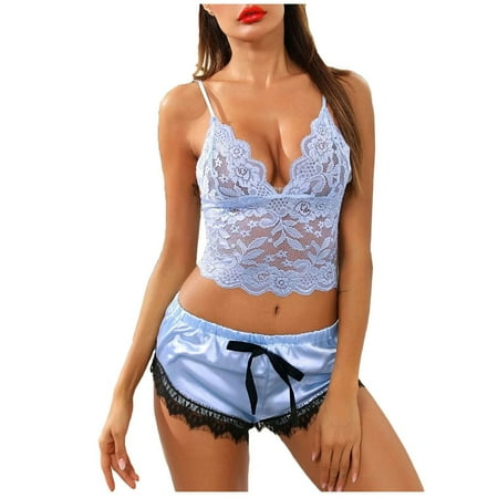 

DNDKILG Womens Satin Pajama Set Lingerie Lace Cami Crop Top and Shorts Pj Set Casual Nighty M