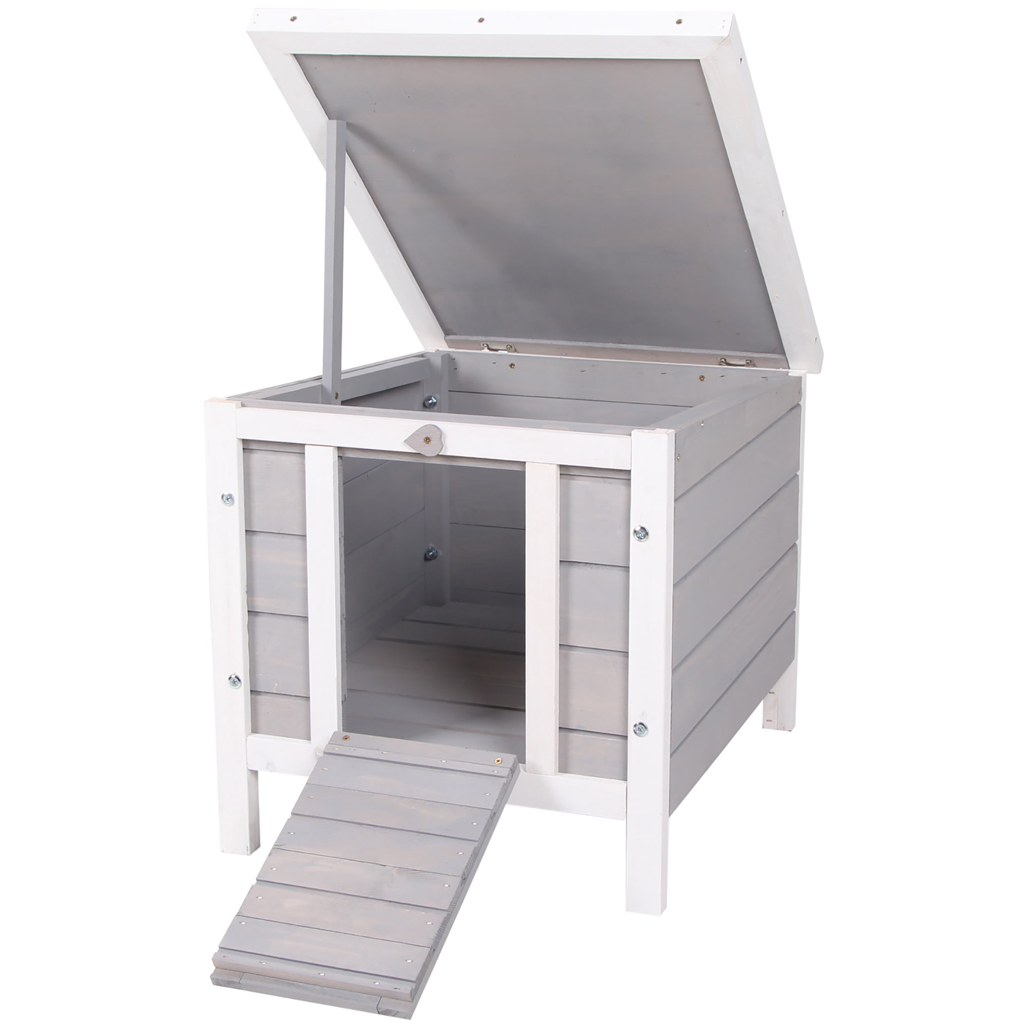 Small Wooden Rabbit Hutch Bunny Guinea Pig Cage with Openable Waterproof Asphalt Roof Raised Bottom Outdoor Small Animal House Gray