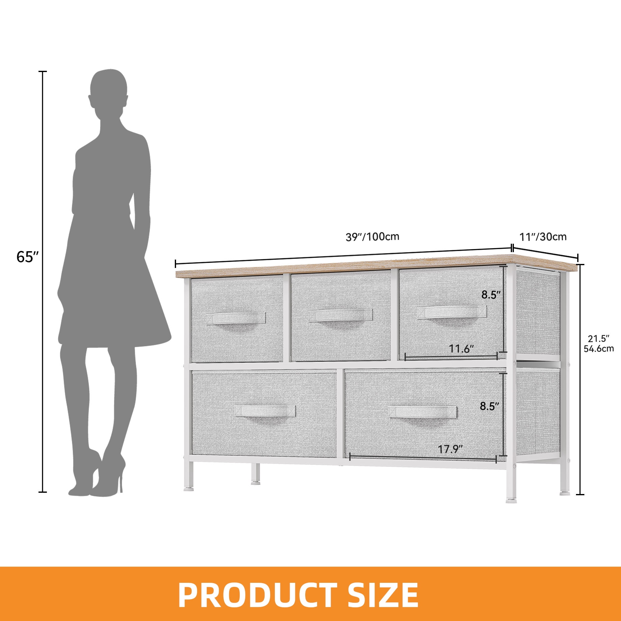 Uforic Fabric Dresser TV Stand with 5 Drawers, Wide Storage Tower Chest for and Closet Light Grey