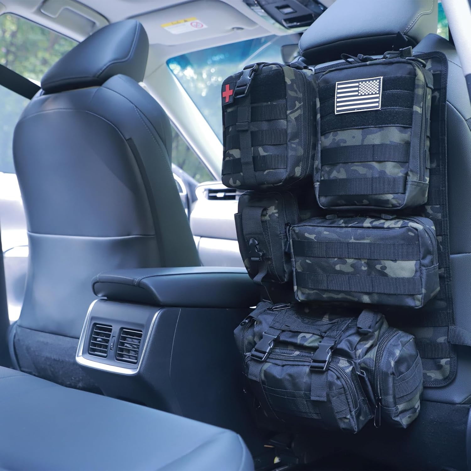 Universal Tactical Car Seat Back Organizer Bag Tactical Molle Vehicle Organizers Panel Vehicle Protector Organizers with 5 Detachable Pouches for Car Truck Ford Jeep (Black camo)