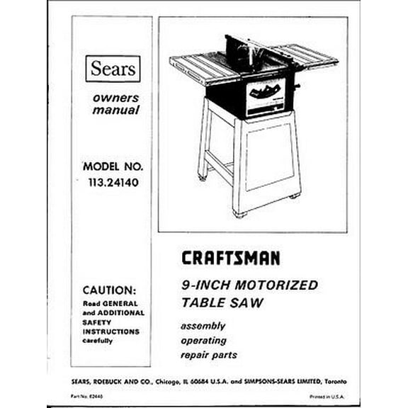 1974 Craftsman 113.24140 9" Motorized Table Saw SP3979-4 Instructions REPRINT