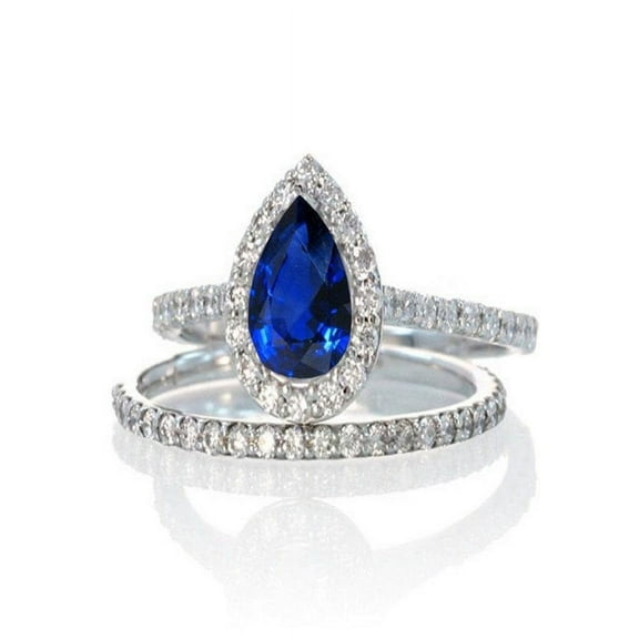 2 Carat Pear Cut Sapphire Halo Bridal Set for Woman in 14k White Gold affordable sapphire and diamond engagement ring
