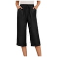 thumbnail image 3 of felwors Capris Pants for Women Cotton Linen Casual Summer 2025 Straight Wide Leg Loose Drawstring Elastic Waist Cropped Trouser Black, L, 3 of 8