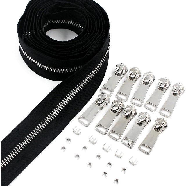 #5 Cremalleras de metal cortadas a medida Granel 2 yardas Cinta negra con 10 piezas Deslizadores Dientes de plata Cremallera hecha a mano para coser Bolsa de artesanía Mochila, carteras, monedero