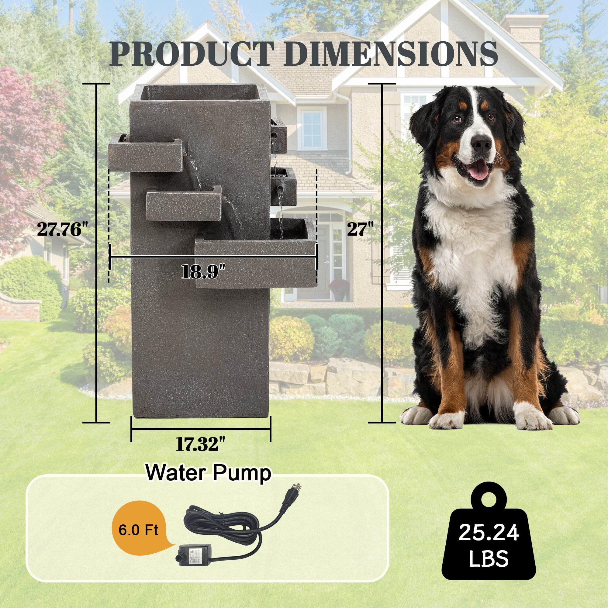 Kaluomm Outdoor Water Fountain 28" Modern Square, Textured Resin Cascading Waterfall for Garden Yard Patio, Gray