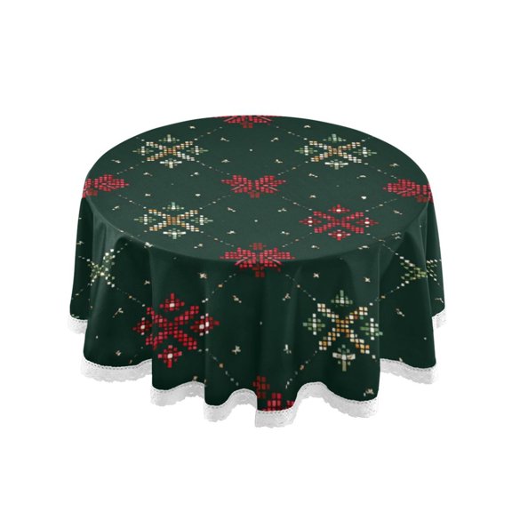Round Single Sided Printed Tablecloth, 60 Inch Polyester Round Table Cover with White Lace Trim, Wrinkle Resistant Decorative Table Cloth for Home Green and Red