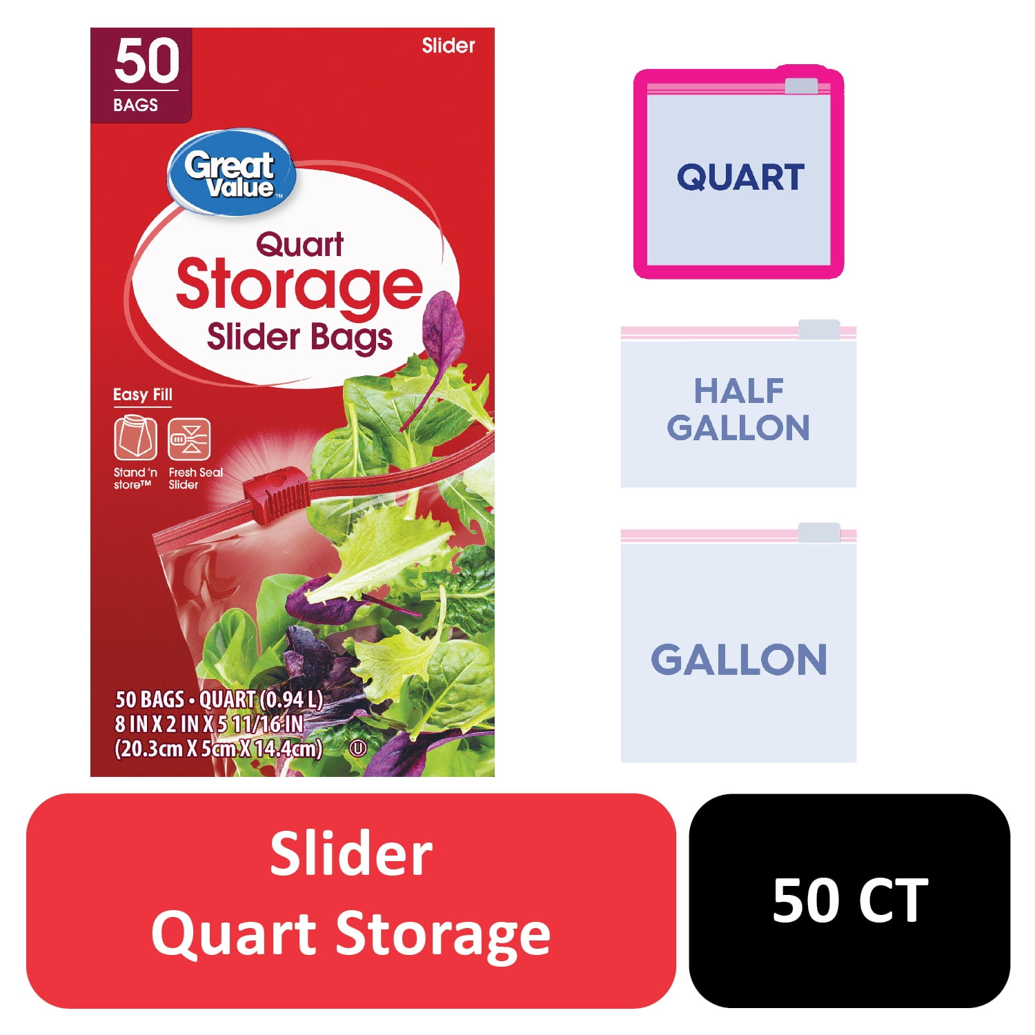 Great Value Slider Zipper Storage Bags, Quart, 50 Count
