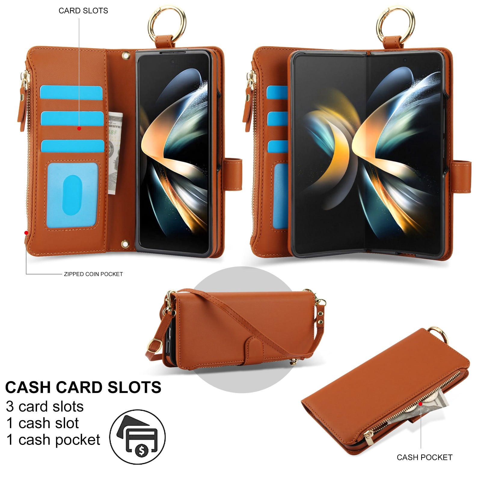 ELEHOLD For Samsung Galaxy Z Fold 4 Phone Case Leather Crossbody Zipper Card Wallet Flip Case Kickstand Cover, with Ring Holder,Full Body Protection-Brown
