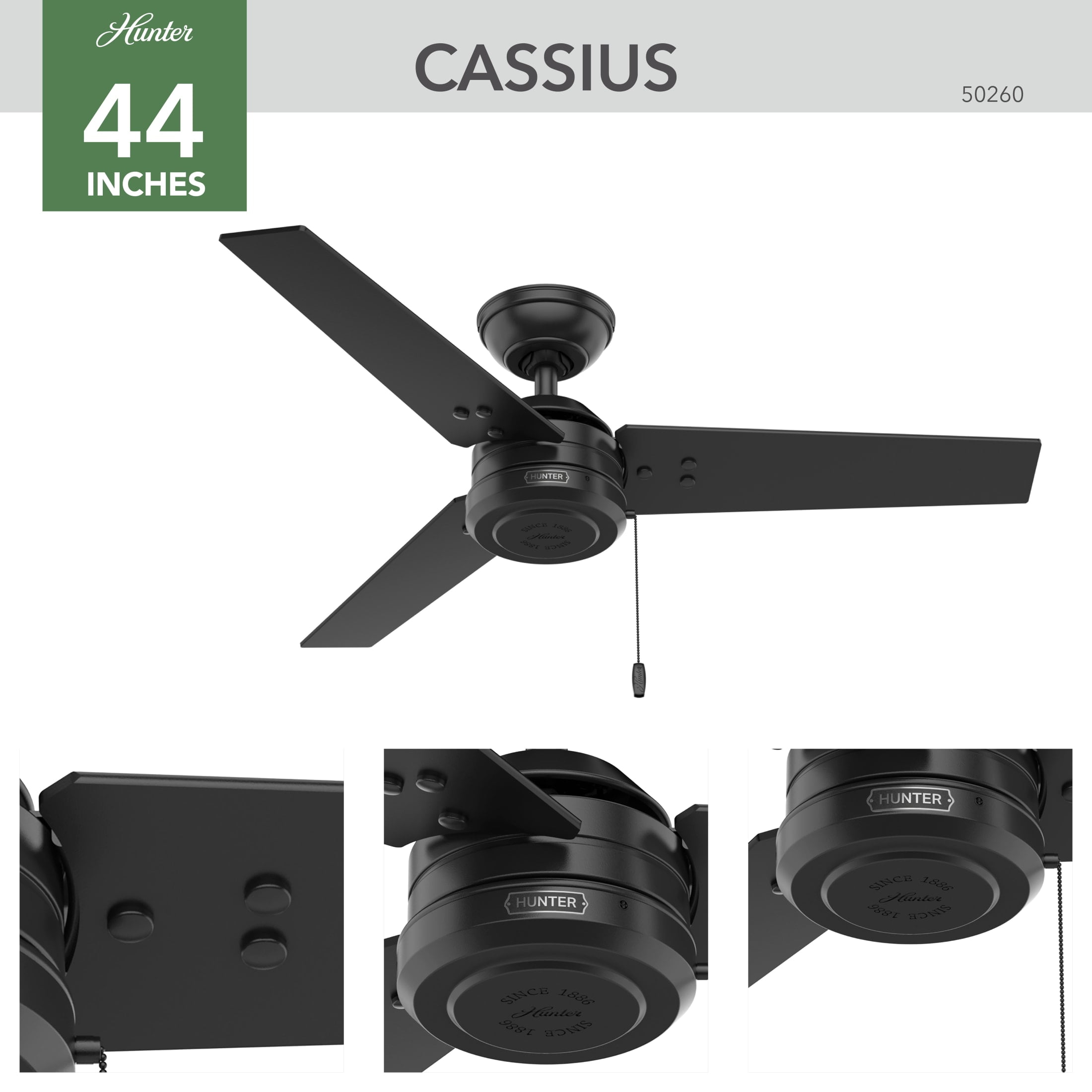 Hunter 44 inch Outdoor or Indoor Ceiling Fan No Light - Black Ceiling Fan without Light, For Patio, Porch, Garage, or Living Room, Standard Mount, 3 Blades, Pull Chain - Cassius 50260, Matte Black