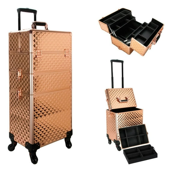 Ver Beauty Rose Gold Diamond 4-Wheels Detachable Professional Rolling Aluminum Cosmetic Makeup Case Extendable And Removable Trays With Dividers - Vt003