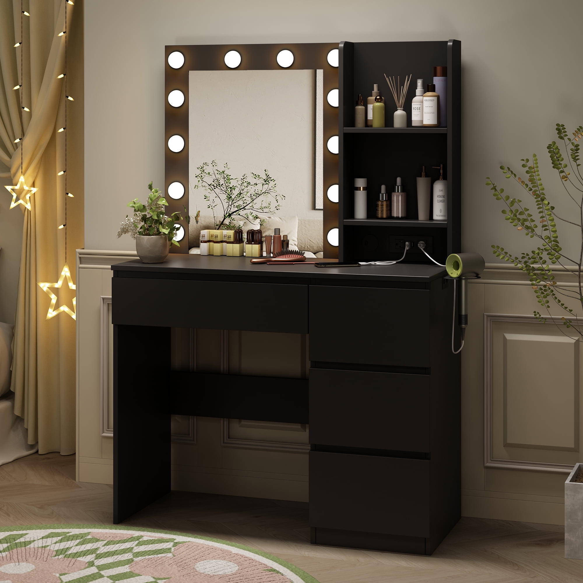 VEANERWOOD Makeup Vanity with Lights, Bedroom Vanity Table with Power Strip, Modern Dressing Table, 4 Drawers, 37in, Black