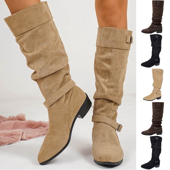 Women’s Fall Winter Suede Knee High Boots Belt Buckle Height Increasing Mid Block Heel Fashion Tall Boots Khaki 9.5(43)