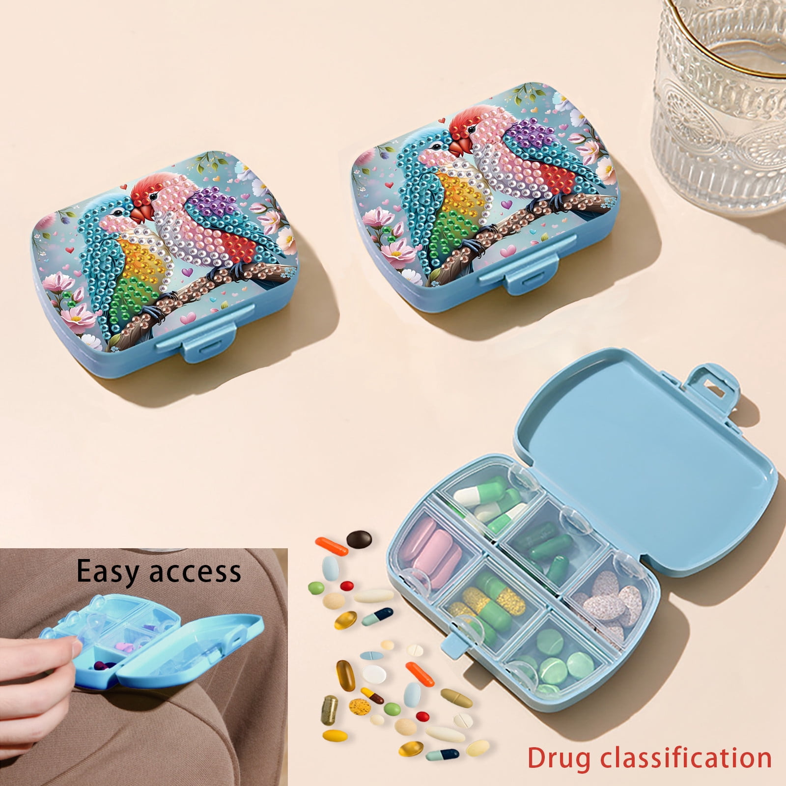 FLOPESN Diamond Art Painting Mini Storage Box with 6-Grid,Creative Design Compact Portable Small Case for Purse Travel Daily- Colorful Bird