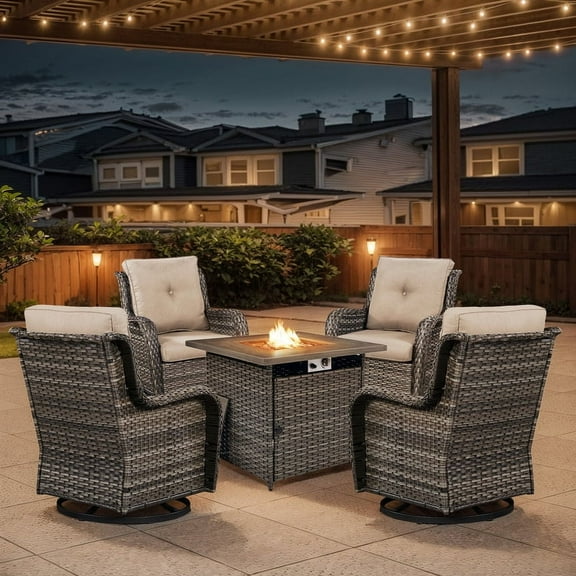 POCASSY Patio Furniture Set with 30" Propane Fire Pit Table, Patio Swivel Rocking Glider Chairs Set of 4 with Gray Wicker and Square Firepit Table for Garden Balcony Porch - Gray/Beige