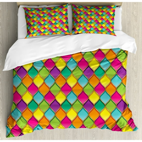 Geometric Duvet Cover Set Queen Size, Vivid Colored Stained Glass Style Pattern Wavy Lines Curves Oval Shapes Modern, Decorative 3 Piece Bedding Set with 2 Pillow Shams, Multicolor, by Ambesonne