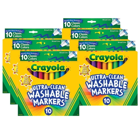 Crayola Ultra-Clean Markers, Broad Line, Classic Colors, 10 Per Pack, 6 Packs